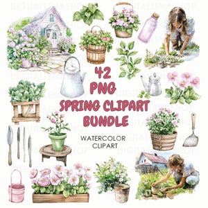Watercolor Spring Clipart Bundle PNG | Watercolor Spring Stickers, Spring Planner Girl, Digital Planner, Scrabook | Cottage Garden Clipart