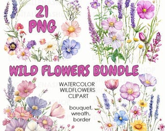 Watercolor Wildflowers Clipart: 21 PNG Floral Art (Digital Download)