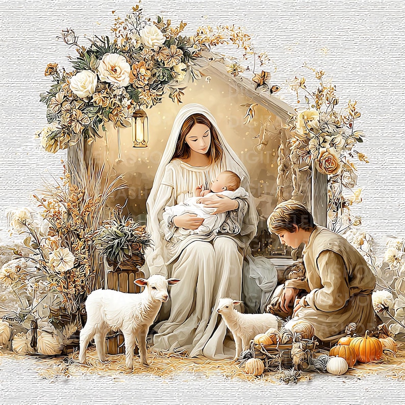 May include: A digital illustration depicts a religious scene with a woman holding a baby, surrounded by flowers, lambs, and a young man. The color palette is soft, with cream, beige, and gold tones.