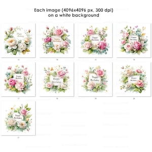 Peut inclure: Ensemble de cartes de v&oelig;ux aquarelles avec des compositions florales. Chaque carte pr&eacute;sente un bouquet de roses roses et blanches, des feuilles vertes et le texte "Happy Birthday" dans un cadre rectangulaire. Fond blanc.