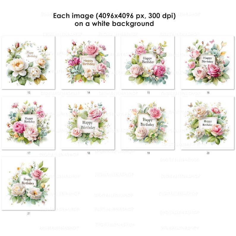 Peut inclure: Ensemble de cartes de v&oelig;ux aquarelles avec des compositions florales. Chaque carte pr&eacute;sente un bouquet de roses roses et blanches, des feuilles vertes et le texte "Happy Birthday" dans un cadre rectangulaire. Fond blanc.