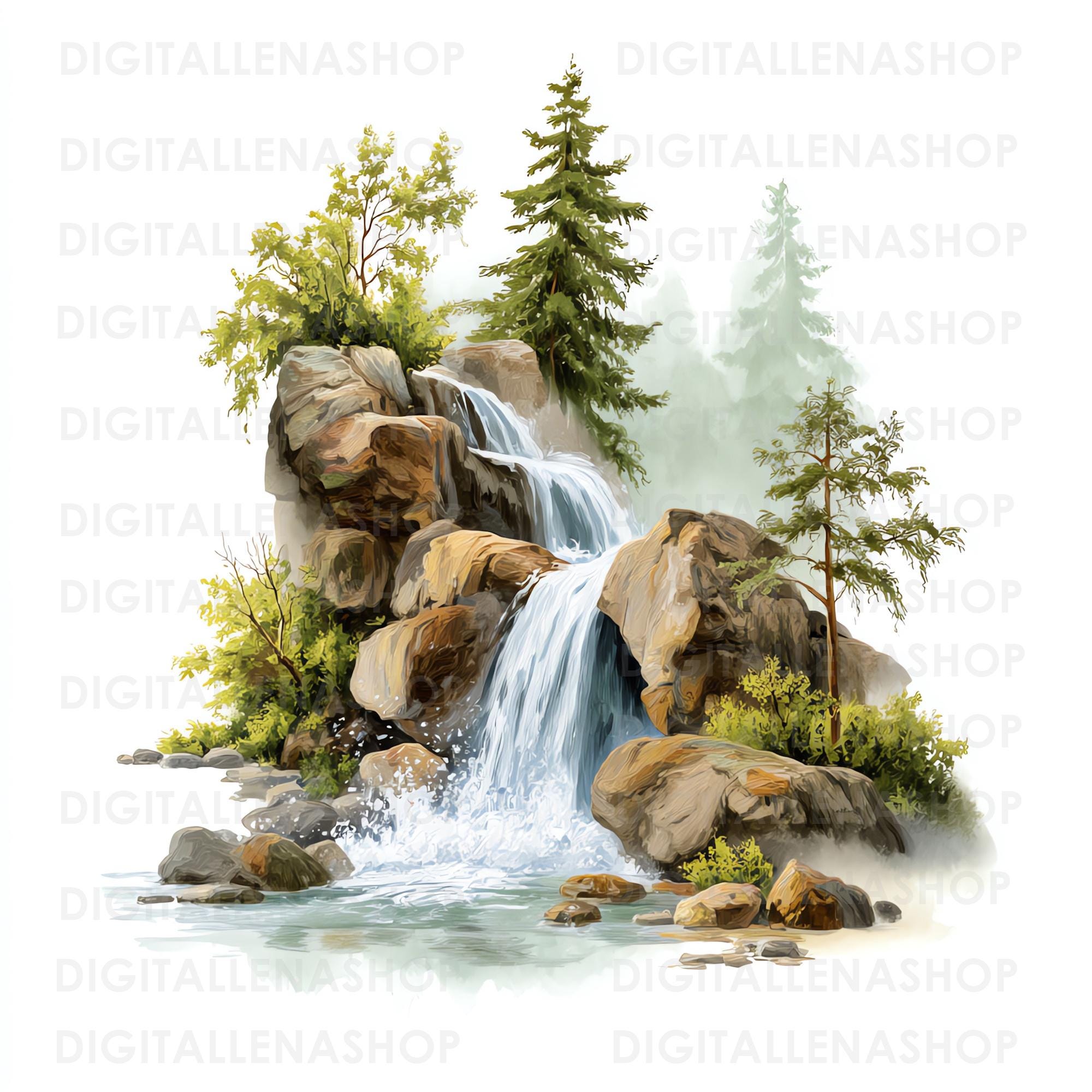 水彩画の滝のクリップアートセット：風景自然イラスト（JPGファイル