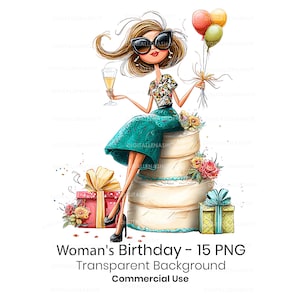 Whimsical Woman Birthday Watercolor Clipart | Feminine Party Decor | Fashion Birthday Art | 15 PNG Files