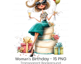Clipart aquarelle anniversaire femme lunatique | Décoration de fête féminine | Art d'anniversaire à la mode | 15 fichiers JPG