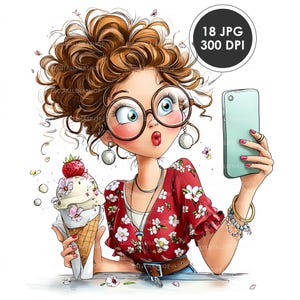 Könnte beinhalten: Digitale Illustration einer Frau mit großer Brille, die ein mintgrünes Smartphone und eine Eistüte mit Erdbeere hält. Sie trägt ein rotes Oberteil mit Blumenmuster, Schmuck und hat lockiges braunes Haar. Das Bild enthält den Text "18 JPG 300 DPI".