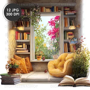 Gemütliche Ecke zum Lesen Bücher Aquarell Clipart | 12 hochwertige JPG | Buchliebhaber ClipArt, Kartenherstellung, Junk Journaling, digitaler Download