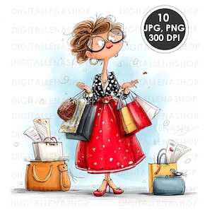Watercolor Fashion Clipart: Quirky Woman with Shopping Bags (JPG/PNG Digital Download