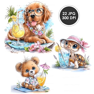 Puede incluir: Ilustración en acuarela de un golden retriever con gafas y un collar de flores, disfrutando de un cóctel. También se representan una tortuga y un oso de peluche con bebidas. Incluye el texto "22 JPG 300 DPI".