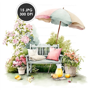 May include: Watercolor illustration of a garden scene with a light blue bench, pink and white pillows, and a striped umbrella. A pitcher of lemonade, flowers, and the text "15 JPG 300 DPI" are also visible.
