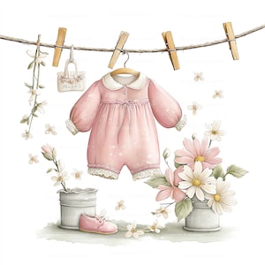 May include: Watercolor illustration of a baby's pink romper with a white collar and lace trim, hanging on a clothesline with wooden clothespins. A small pink shoe and a floral arrangement with daisies and pink flowers are also featured.