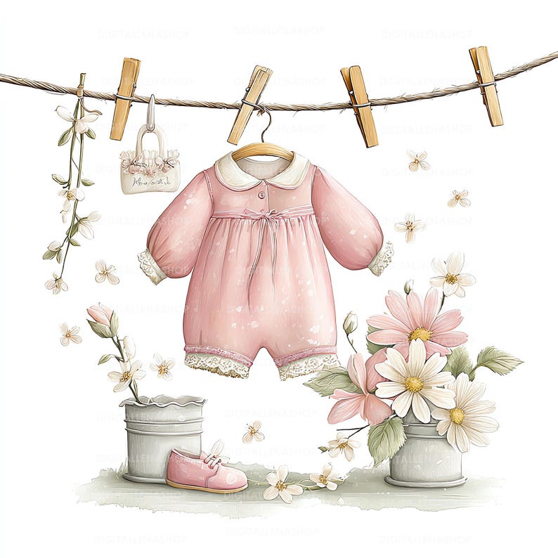 May include: Watercolor illustration of a baby's pink romper with a white collar and lace trim, hanging on a clothesline with wooden clothespins. A small pink shoe and a floral arrangement with daisies and pink flowers are also featured.