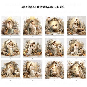 May include: A collection of twelve square art prints depicting religious scenes. Each print features a nativity scene with figures in soft, muted colors, surrounded by floral and natural elements. The prints are designed with a vintage aesthetic.