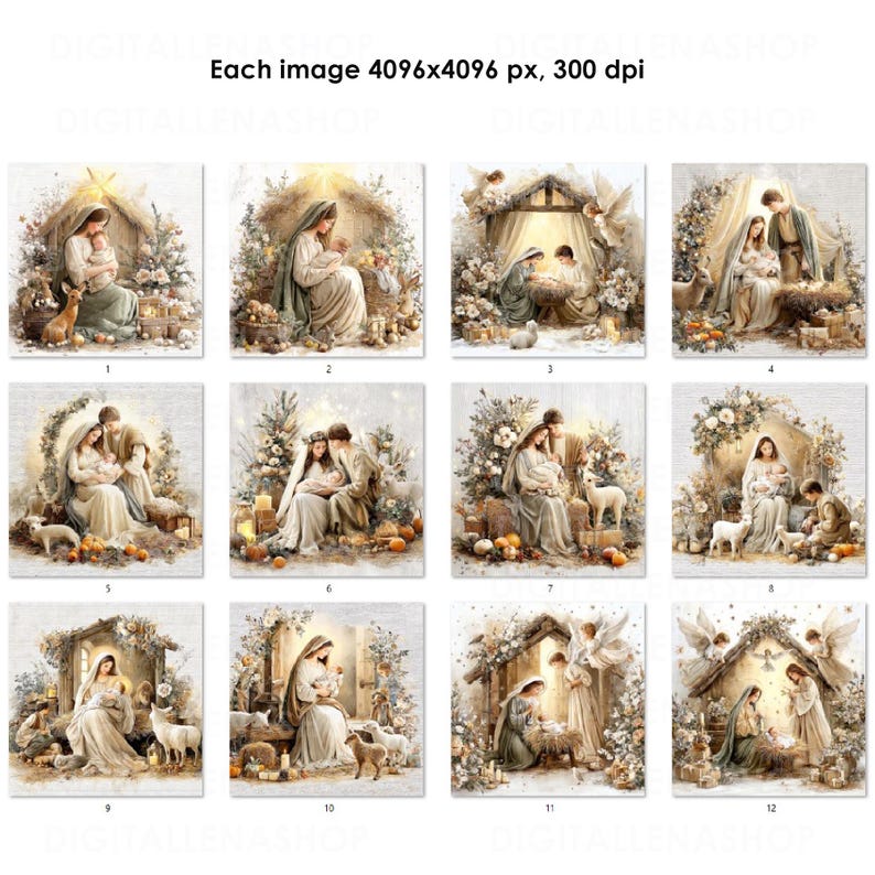 May include: A collection of twelve square art prints depicting religious scenes. Each print features a nativity scene with figures in soft, muted colors, surrounded by floral and natural elements. The prints are designed with a vintage aesthetic.