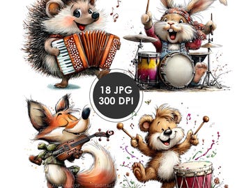 Imágenes prediseñadas de animales del bosque y músicos en acuarela / Decoración musical / Arte infantil / 18 archivos JPG / Descarga digital