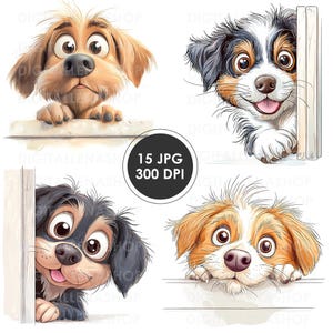 Clipart aquarelle original de chien furtif, 15 fichiers JPG, art mural imprimable, journal indésirable, scrapbooking, fabrication de cartes, téléchargement numérique