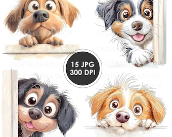 Può includere: Quattro illustrazioni di cani dei cartoni animati. Uno è un cane marrone chiaro con grandi occhi, che sbircia sopra un bordo. Un altro è un cane nero, bianco e marrone che sorride e sbircia da dietro un telaio di porta bianco. Il terzo è un cane nero e marrone, e il quarto è un cane marrone chiaro e bianco.