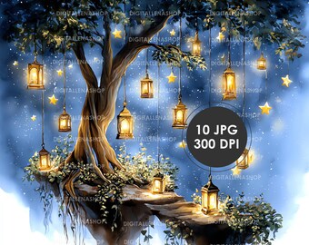 Clipart aquarelle forêt nocturne : îles flottantes fantastiques (téléchargement numérique)