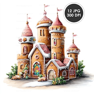 May include: Watercolor illustration of a gingerbread castle with pink and white accents. The castle has multiple towers, windows, and a snow-covered path. The image includes the text "12 JPG 300 DPI".
