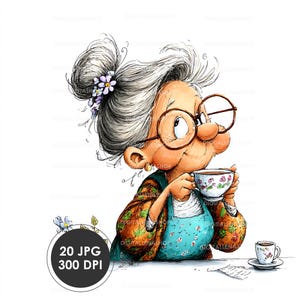 May include: A whimsical illustration of an elderly woman with gray hair in a bun, wearing glasses, and holding a teacup. She is dressed in a floral patterned jacket and a blue apron. A small teacup and saucer are on the table. The image includes the text "20 JPG 300 DPI".