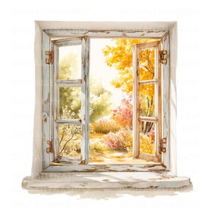 Puede incluir: Pintura a la acuarela de una ventana abierta con vista a un colorido paisaje otoñal. El marco de la ventana está desgastado, con una combinación de colores azul claro y blanco. La escena incluye árboles con hojas amarillas y rojas y arbustos.
