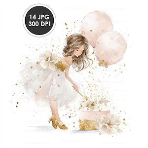 May include: Watercolor illustration of a girl in a white dress with gold accents, holding a wand over a pink cake. Two pink balloons float above. Gold confetti and the text "14 JPG 300 DPI" are also present.