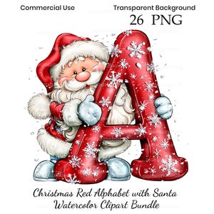 May include: A digital illustration of a red letter A decorated with white snowflakes, featuring a cartoon Santa Claus with a white beard and red hat leaning against the letter. The image includes text reading Commercial Use, 26 PNG, and Christmas Red Alphabet with Santa Watercolor Clipart Bundle.