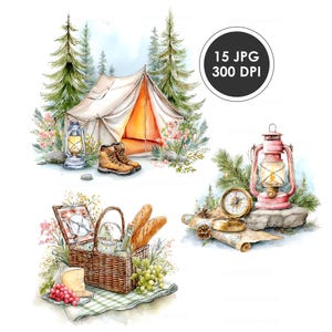 Op de afbeelding: Waterverfillustratie van kampeer- en picknickscènes. Bevat een tent, wandelschoenen, een lantaarn, een picknickmand met eten, een kompas en een kaart. De afbeelding heeft een vintage, outdoor thema.