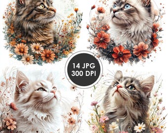 Clipart de gatos com flores em aquarela: ilustrações florais de gatos (download digital)