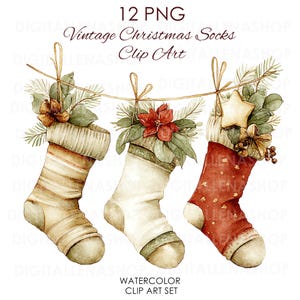 May include: A watercolour clip art set featuring three vintage Christmas stockings. The stockings are in beige, white, and red, adorned with greenery, flowers, and a star. The text reads "12 PNG Vintage Christmas Socks Clip Art".