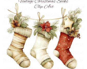 Vintage Christmas Stockings Watercolor Clipart: Holiday Illustrations (PNG Digital Download)
