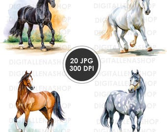 Horse Watercolor Clipart: Equestrian Illustrations (Digital Download, 20 JPG Files)