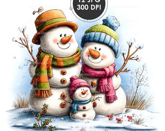 Watercolor Snowman Family Clipart: Whimsical Winter JPG (Digital Download)