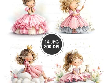 Watercolor Princess Clipart: Pink Fairytale Girl Illustrations (Digital Download)