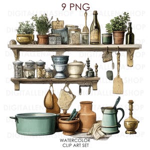 May include: A watercolour clip art set of kitchen items. Features shelves with jars, pots, and plants. Includes a blue pot, a mortar and pestle, a pitcher, and a decorative bottle. The text "9 PNG" and "WATERCOLOR CLIP ART SET" are visible.