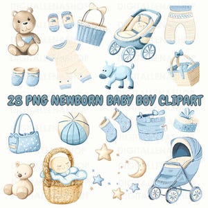 Newborn Baby Boy Watercolor ClipArt Bundle PNG, Blue Baby Shower | Invitation, Scrapbooking, Paper Crafts, Journaling, Sublimation, Stickers