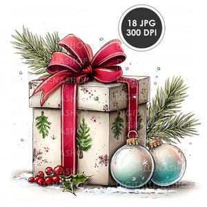 May include: A watercolour illustration of a Christmas gift box with a red bow and ribbon. The box is decorated with snowflakes and Christmas trees. Two glass baubles and sprigs of holly and pine complete the festive scene. The image includes the text "18 JPG 300 DPI".