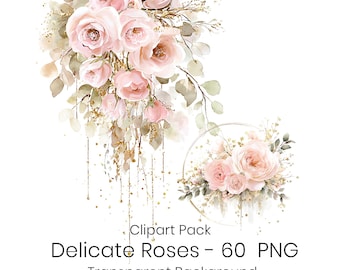 May include: A digital illustration featuring a cascading arrangement of soft pink roses and light green foliage accented with gold glitter particles, alongside a circular floral wreath, with text reading Clipart Pack Delicate Roses - 60 PNG.