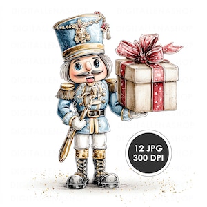 May include: Watercolor illustration of a nutcracker soldier in a blue uniform and hat, holding a gift box with a red bow. The nutcracker has a mustache and is wearing black boots. The image includes the text "12 JPG 300 DPI".