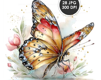 Może przedstawiać: Akwarelowa ilustracja motyla z pomarańczowymi, czerwonymi i czarnymi oznaczeniami. Motyl otoczony jest różowymi kwiatami i zielonymi liśćmi. Obraz zawiera tekst "28 JPG 300 DPI" w czarnym okręgu.
