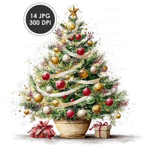 Op de afbeelding: Waterverfillustratie van een versierde kerstboom in een pot, versierd met rode, gouden en zilveren ballen, een gouden ster en een wit lint. De afbeelding bevat twee ingepakte cadeaus met rode linten en de tekst "14 JPG 300 DPI".