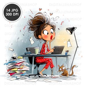 Puede incluir: Ilustración digital de una mujer estresada en un escritorio, vestida con un atuendo rojo con lunares blancos. Papeles, un portátil y un gato la rodean. La imagen incluye el texto "14 JPG 300 DPI".