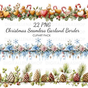 Watercolor Christmas Decor Seamless Garland Border Clipart: for Christmas Cards & Invitations (Digital Download)