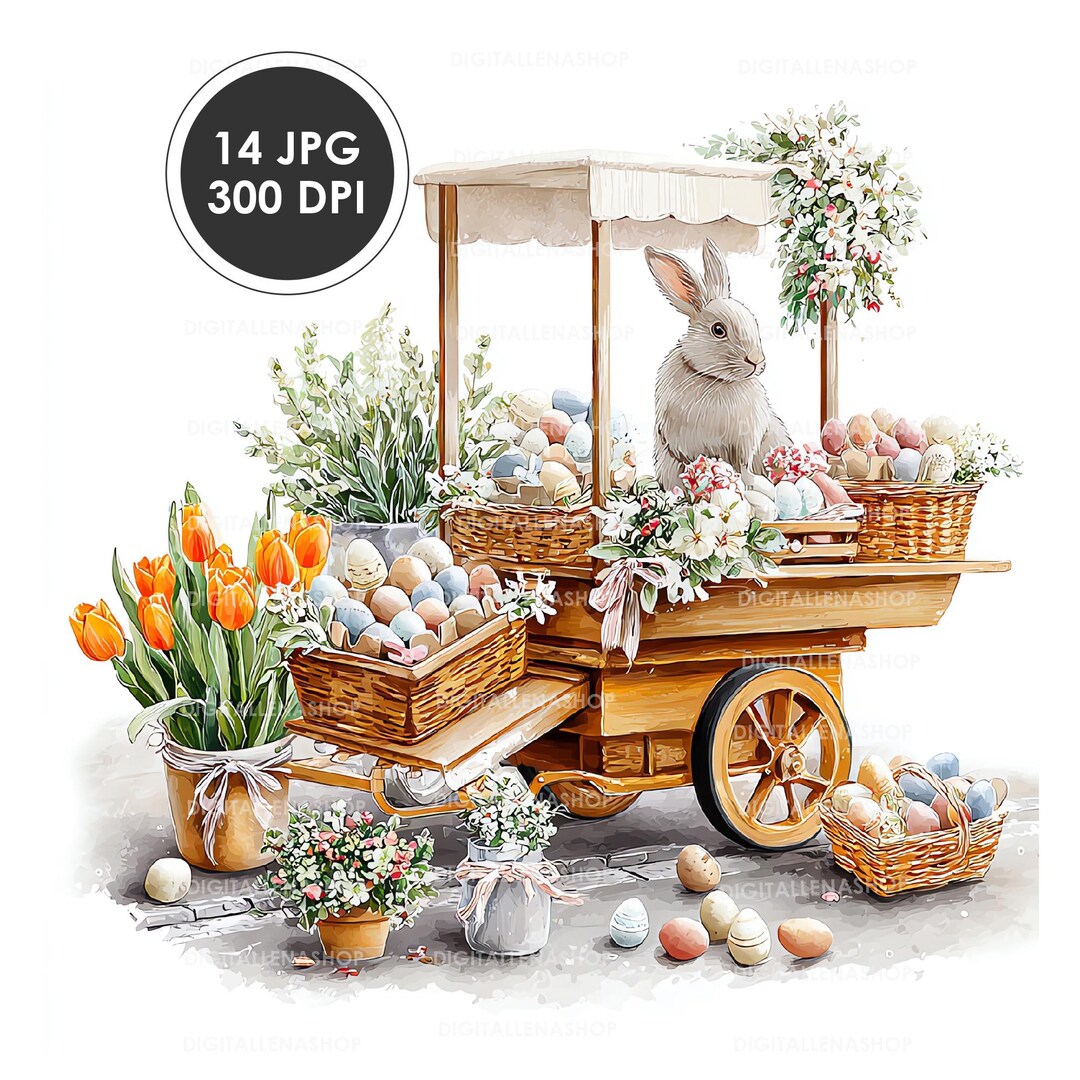 Easter Cart With Bunny Watercolor Clipart | Cards & Invitations | 14 ...