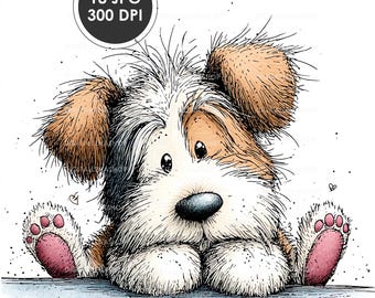 Può includere: Un'illustrazione stravagante di un cane con pelo marrone e bianco, grandi orecchie e cuscinetti rosa. Il cane appoggia le zampe su una superficie azzurra. L'immagine include il testo "18 JPG 300 DPI" in un cerchio nero.
