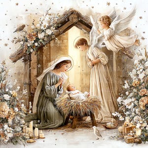 May include: A digital illustration depicting a nativity scene. Mary kneels beside the baby Jesus in a manger, with two angels and a wooden structure in the background. The scene is adorned with flowers, candles, and a bird.