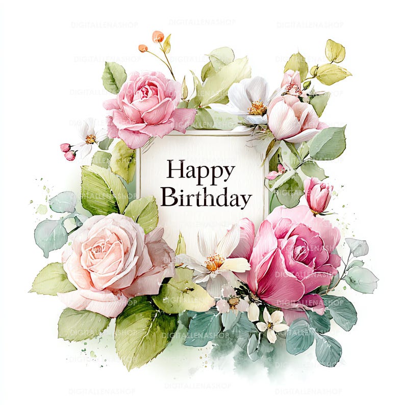 Peut inclure: Illustration &agrave; l'aquarelle d'une composition florale avec des roses roses, des fleurs blanches et des feuilles vertes. Les mots "Happy Birthday" sont centr&eacute;s sur un carr&eacute; blanc, entour&eacute; de fleurs.