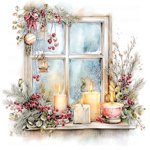 May include: Watercolor illustration of a winter window scene. The window is decorated with greenery, red berries, and a red bow. Lit candles sit on the windowsill. A small lantern and ornaments hang from the top of the window.