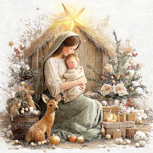May include: A digital illustration depicts a serene scene of a mother cradling a baby, set against a backdrop of a rustic stable and Christmas decorations. A deer sits in the foreground. The color palette is soft, with muted greens, creams, and golds.