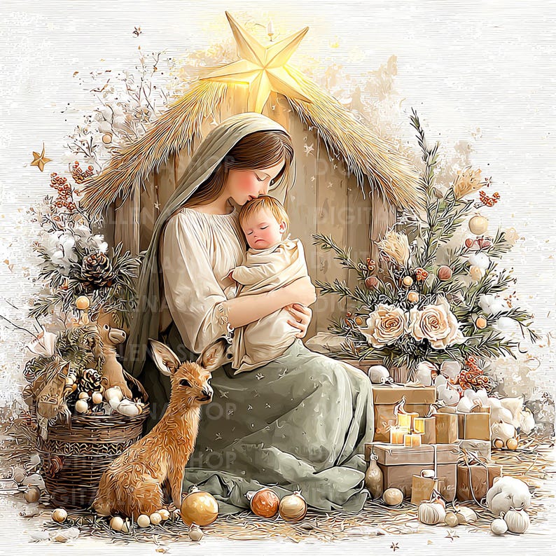 May include: A digital illustration depicts a serene scene of a mother cradling a baby, set against a backdrop of a rustic stable and Christmas decorations. A deer sits in the foreground. The color palette is soft, with muted greens, creams, and golds.