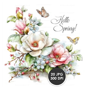 Puede incluir: Ilustración en acuarela de flores de primavera, incluyendo magnolias blancas y rosas, pequeñas flores azules y hojas verdes. Se muestran dos mariposas. Las palabras "Hello Spring!" están escritas en cursiva. Un círculo negro con el texto "20 JPG 300 DPI" está en la esquina inferior derecha.